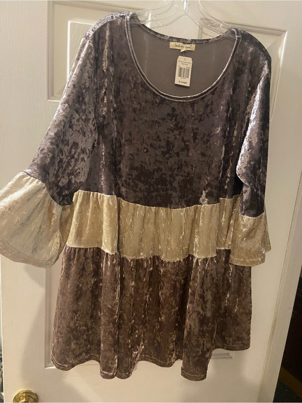 indigo soul XL Boho Shirt Brown Tan Crushed Velvet Tiered